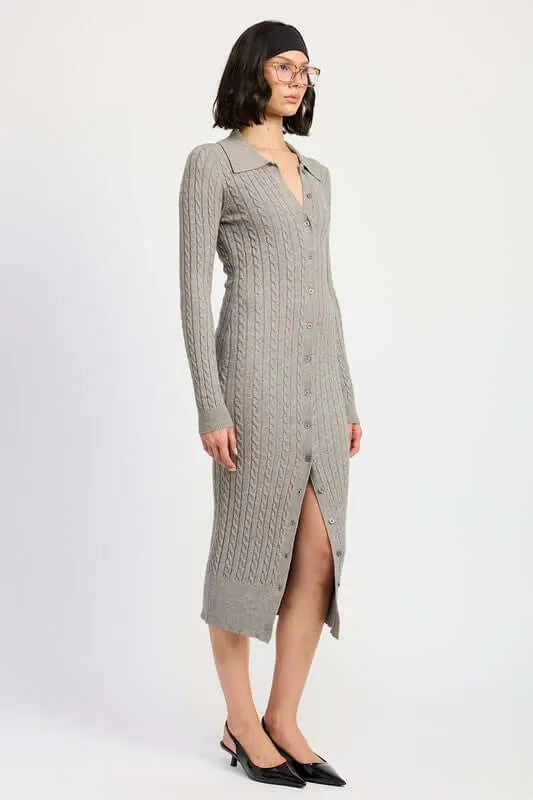 Grey Button Up Long Sleeve Cable Knit Midi Sweater Dress