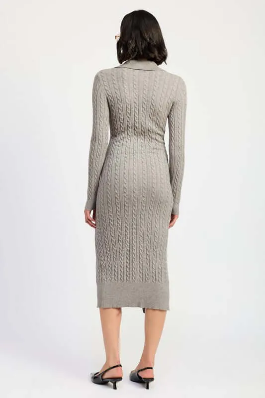 Grey Button Up Long Sleeve Cable Knit Midi Sweater Dress