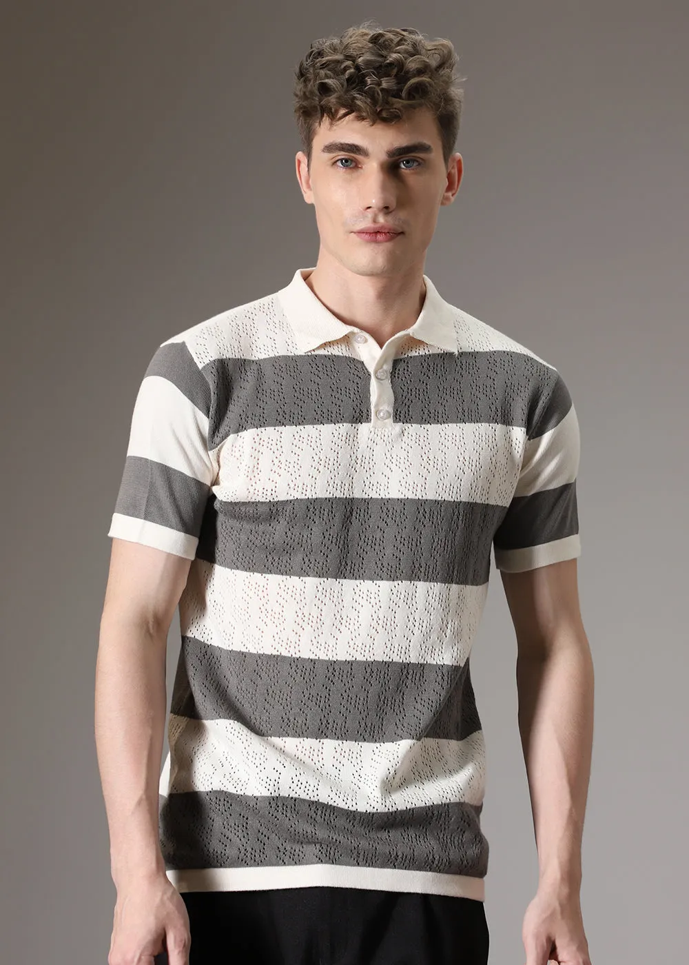 Grey Knitted Polo T-shirt