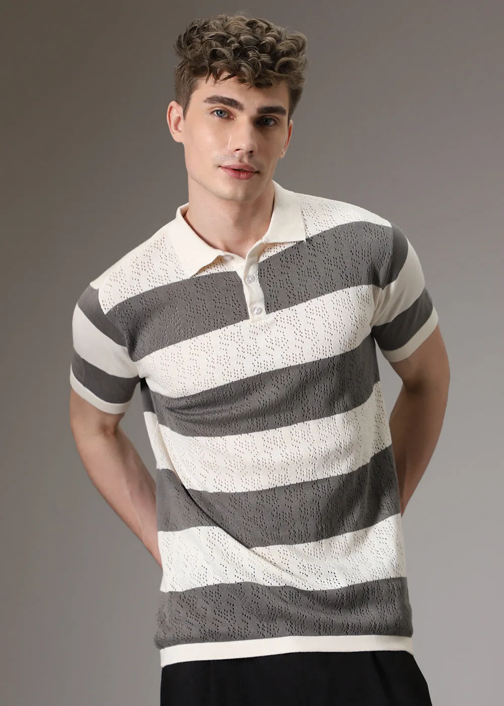 Grey Knitted Polo T-shirt