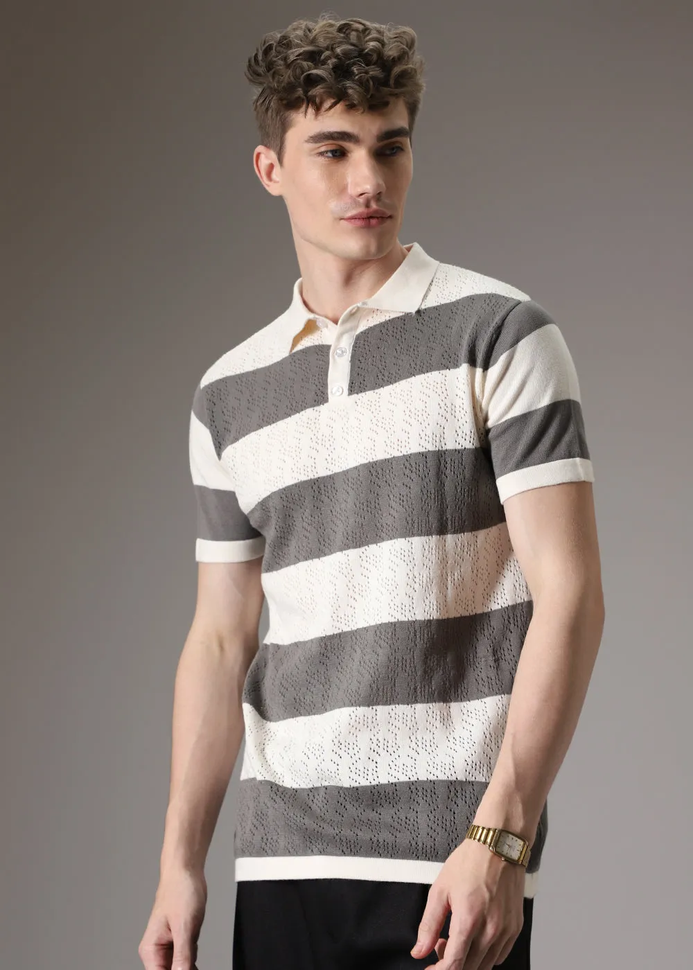 Grey Knitted Polo T-shirt