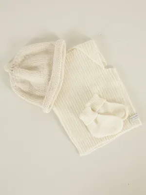 Hand Knitted Beanie, Vest & Socks Set | Cream 0-3 Months