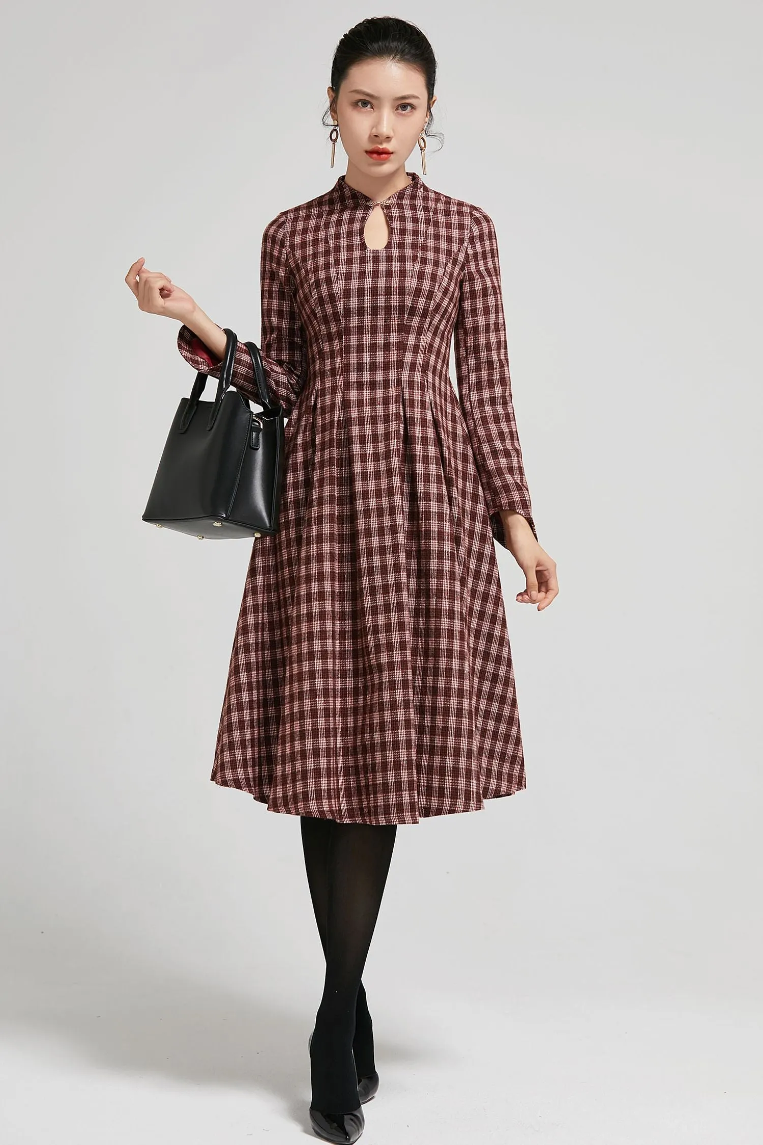 Handmade Mandarin collar plaid winter wool dress women 2295