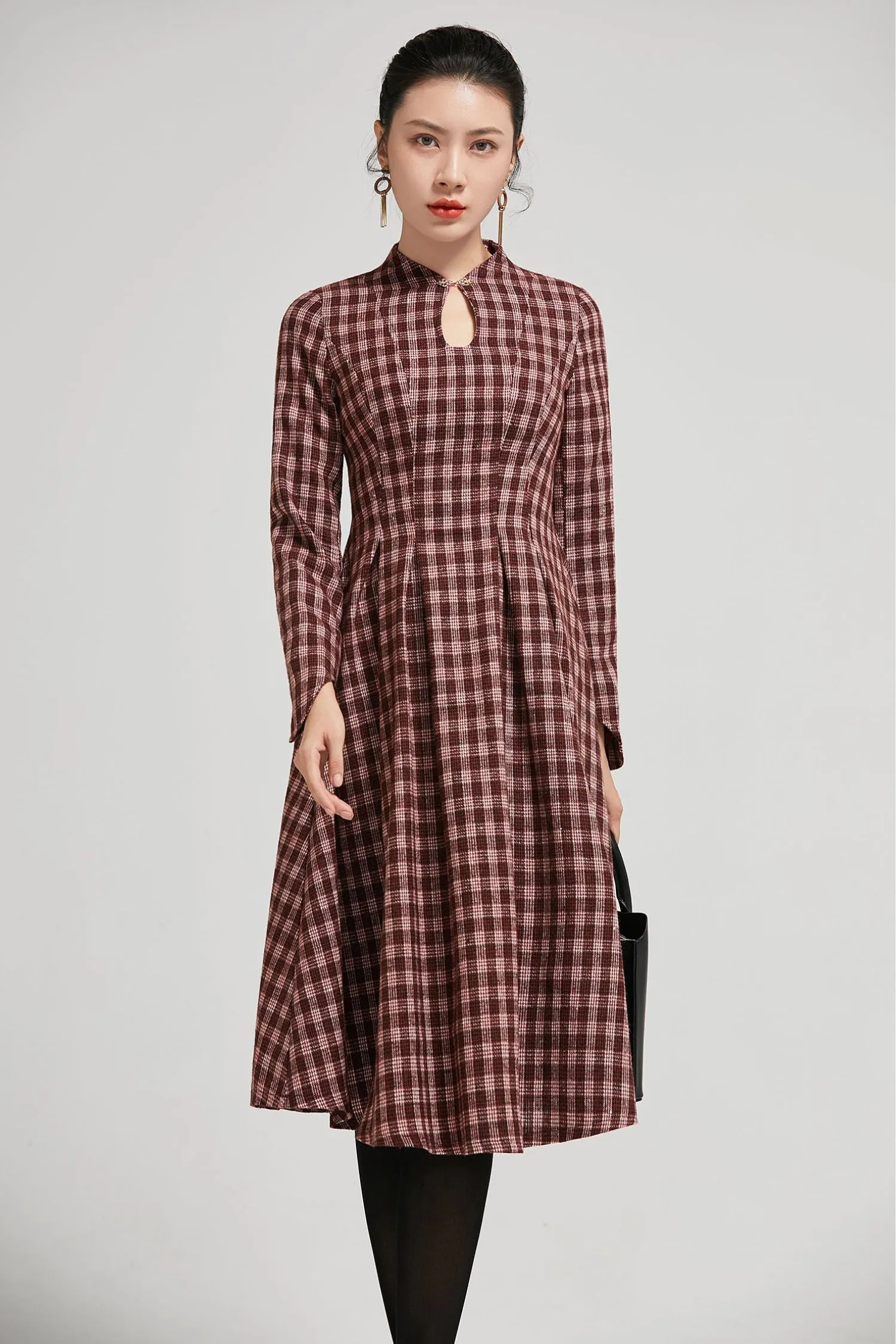 Handmade Mandarin collar plaid winter wool dress women 2295