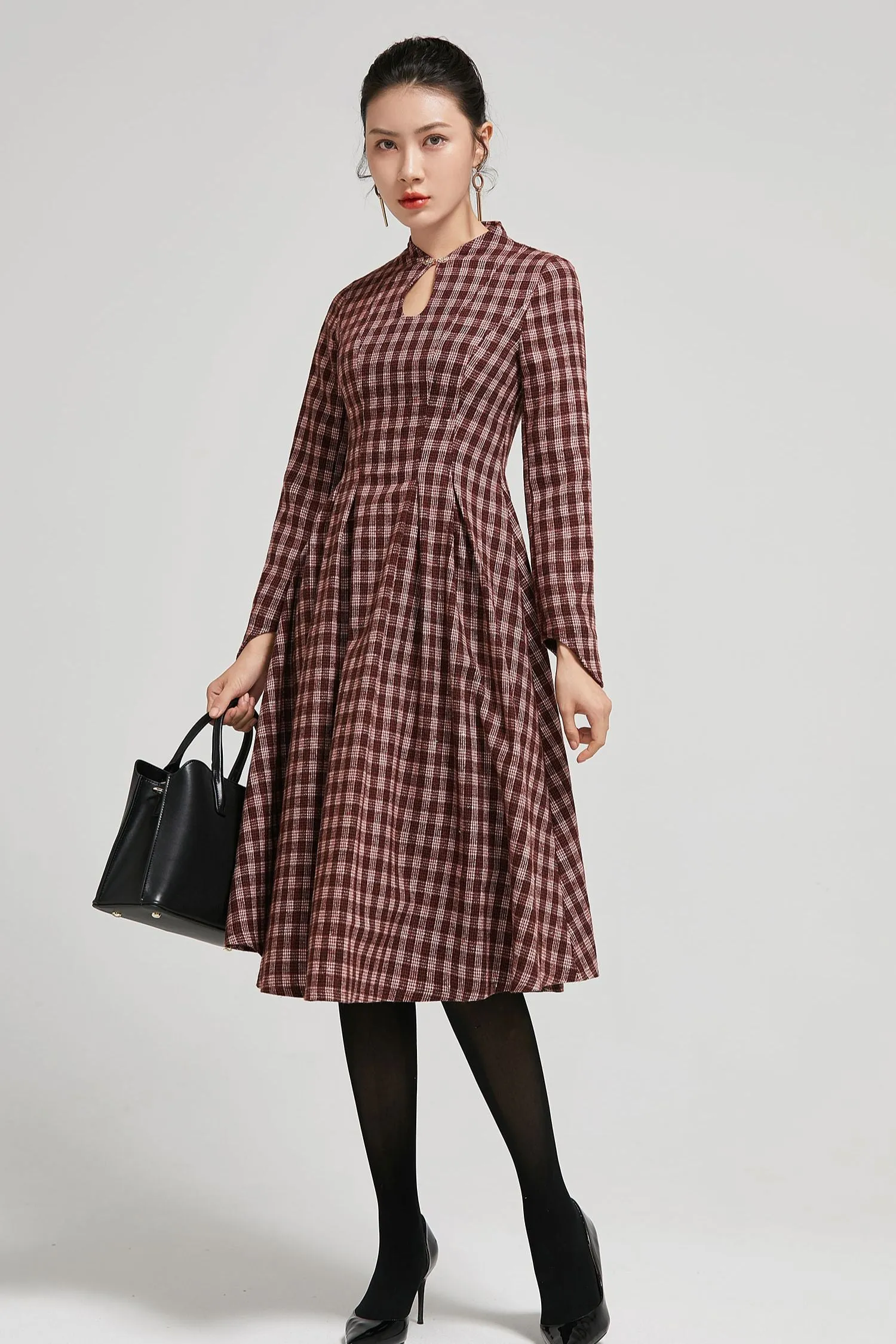 Handmade Mandarin collar plaid winter wool dress women 2295