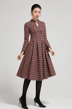 Handmade Mandarin collar plaid winter wool dress women 2295