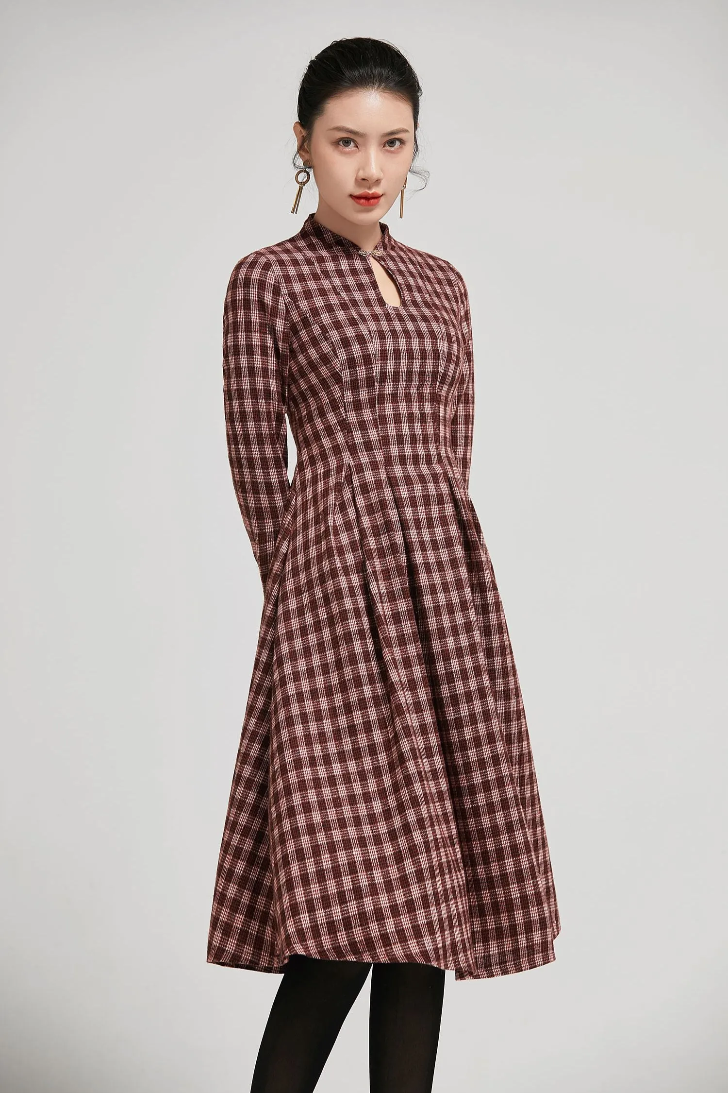 Handmade Mandarin collar plaid winter wool dress women 2295