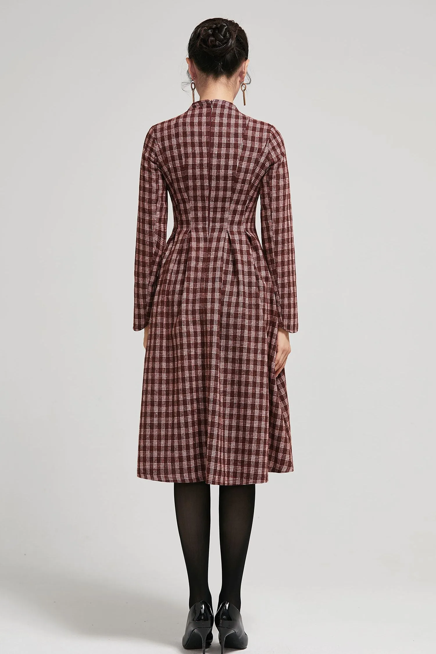 Handmade Mandarin collar plaid winter wool dress women 2295