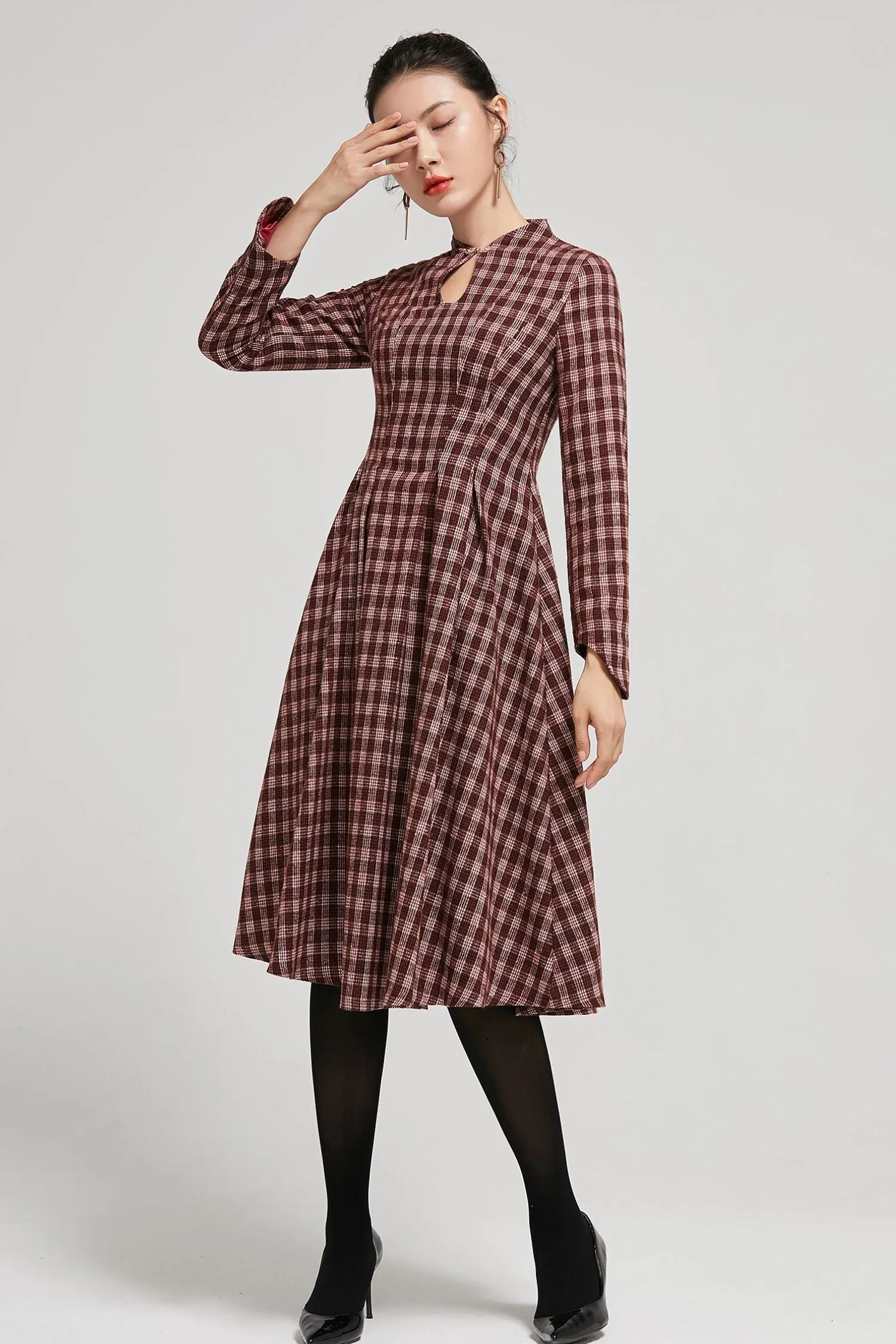 Handmade Mandarin collar plaid winter wool dress women 2295