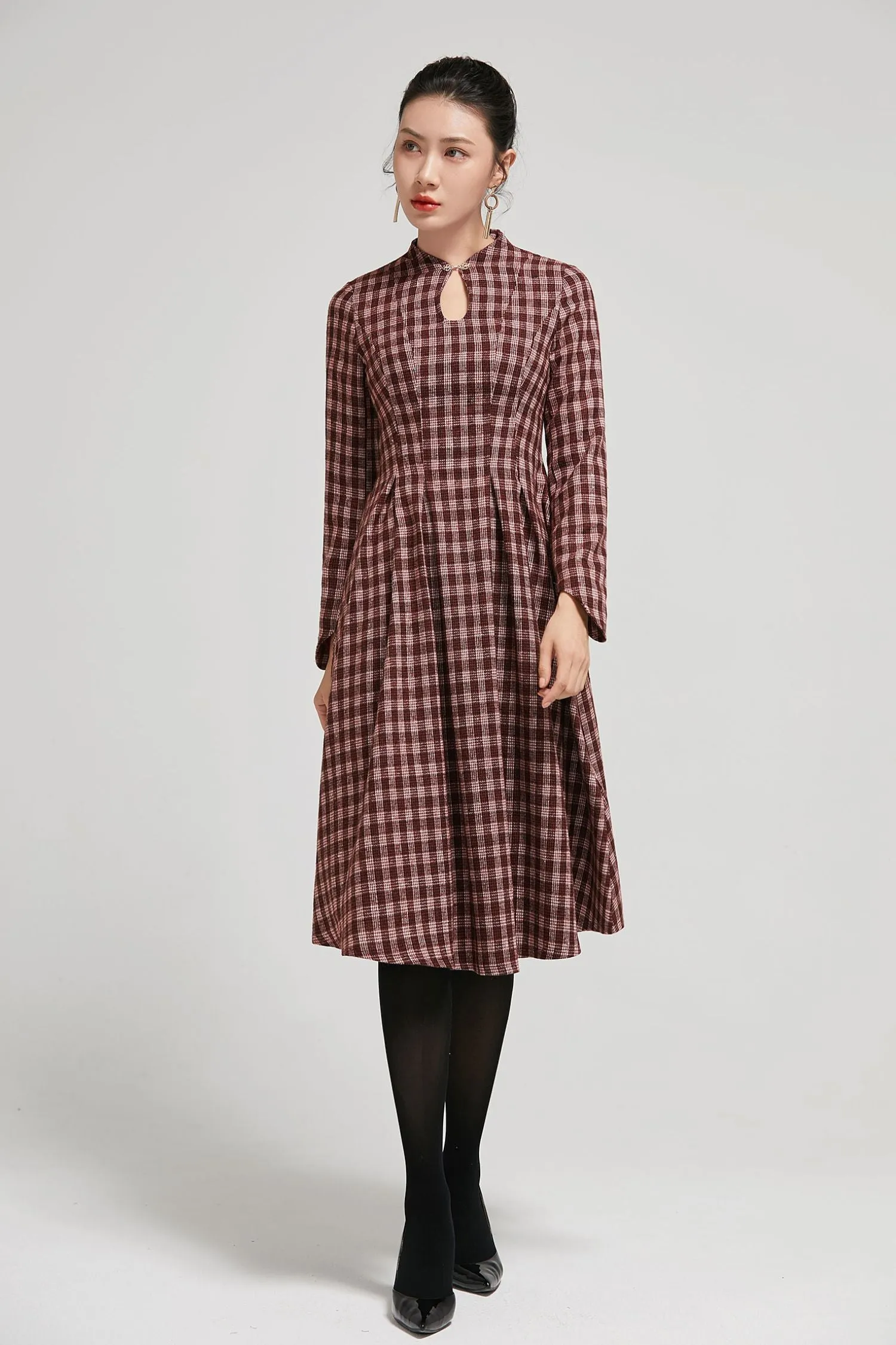 Handmade Mandarin collar plaid winter wool dress women 2295