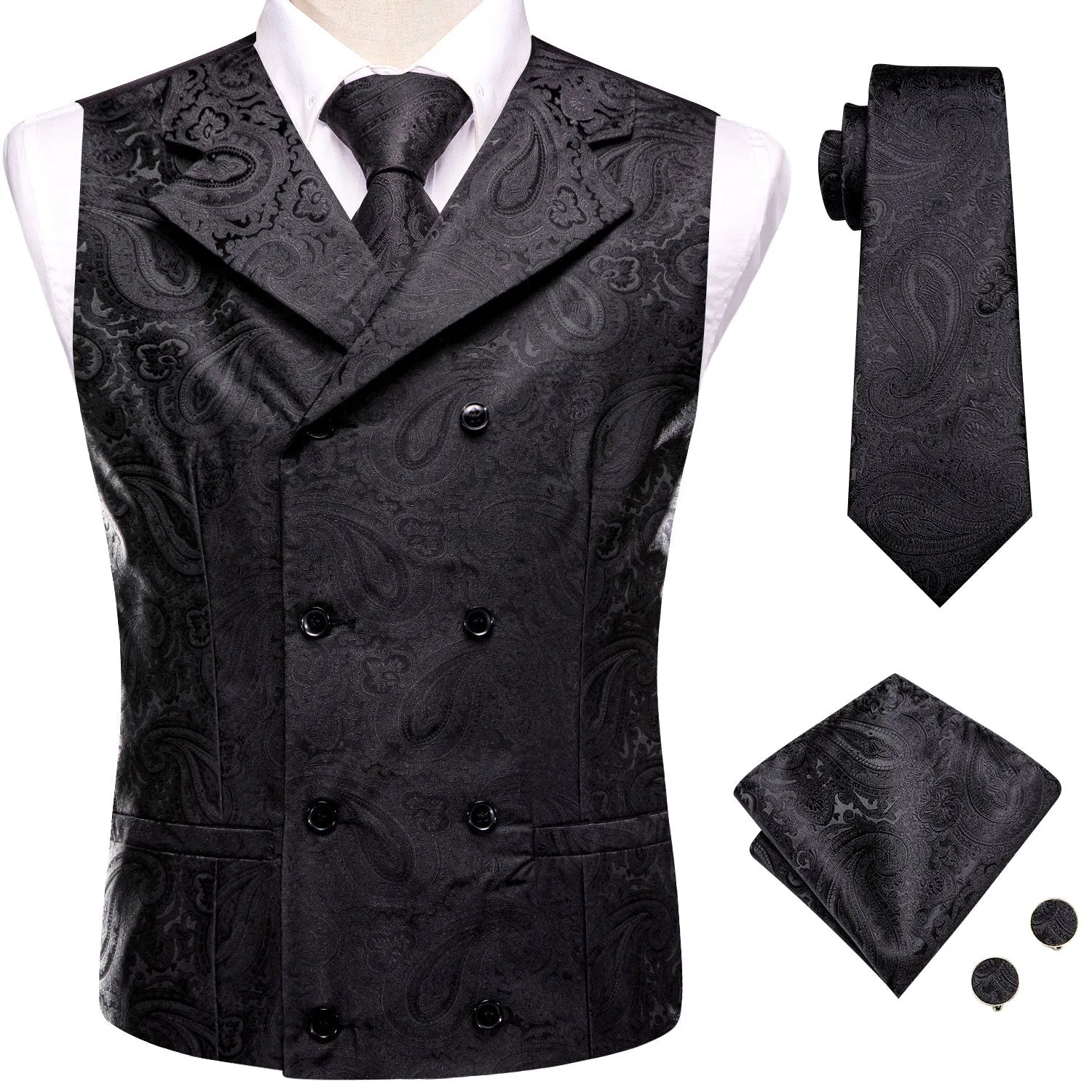 Hi-Tie Black Paisley Jacquard Mens Collar Vest Hanky Cufflinks Tie Set