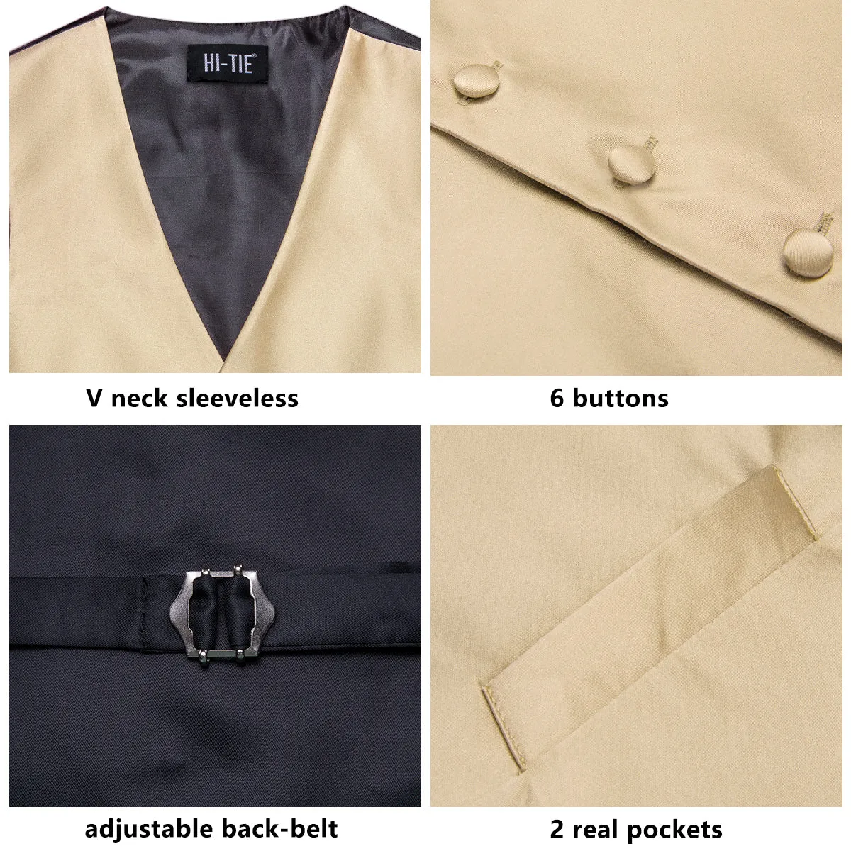 Hi-Tie Champagne Vest Solid Men's Waistcoat Tie Hanky Cufflinks Set