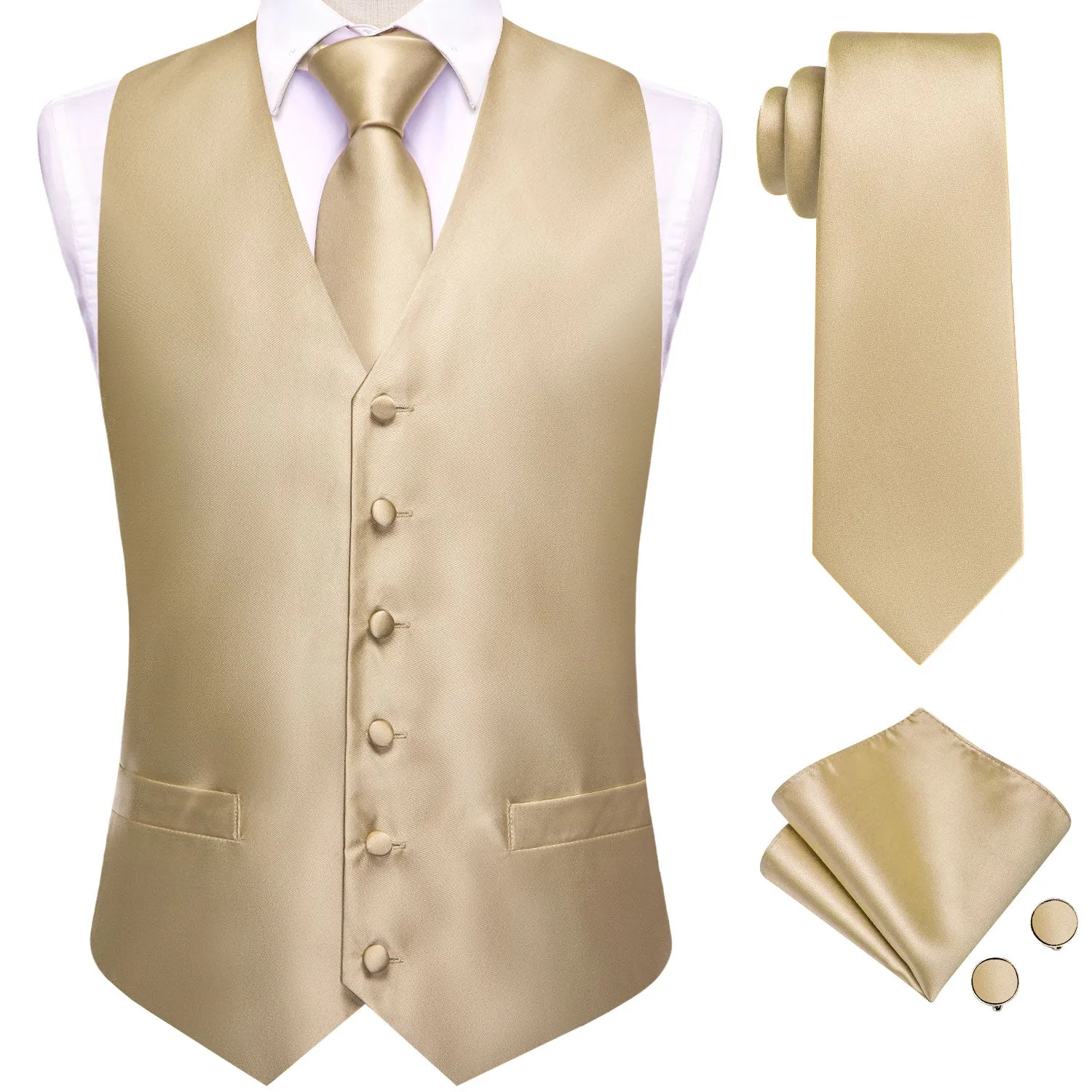 Hi-Tie Champagne Vest Solid Men's Waistcoat Tie Hanky Cufflinks Set