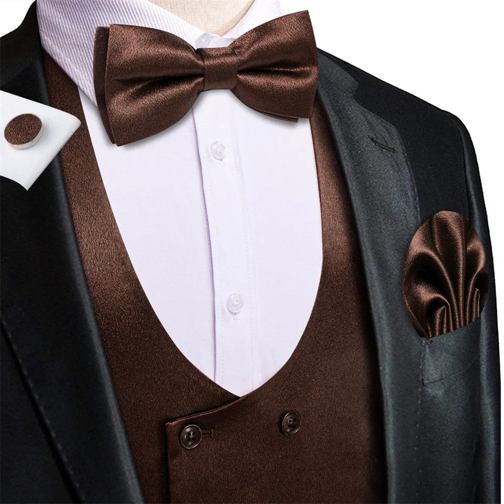 Hi-Tie Dark Brown Solid U-Neck Double-Breasted Vest Set