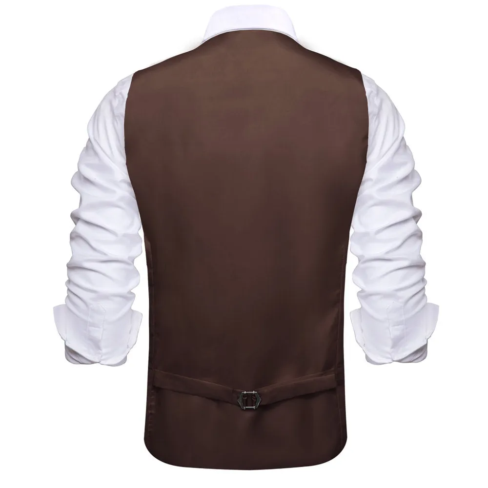 Hi-Tie Dark Brown Solid U-Neck Double-Breasted Vest Set