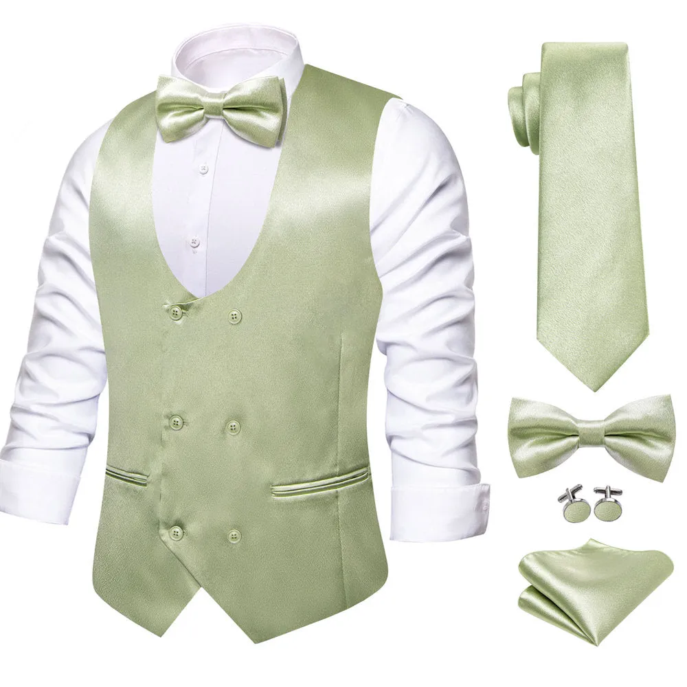 Hi-Tie Laurel Green Solid U-Neck Double-Breasted Vest Set