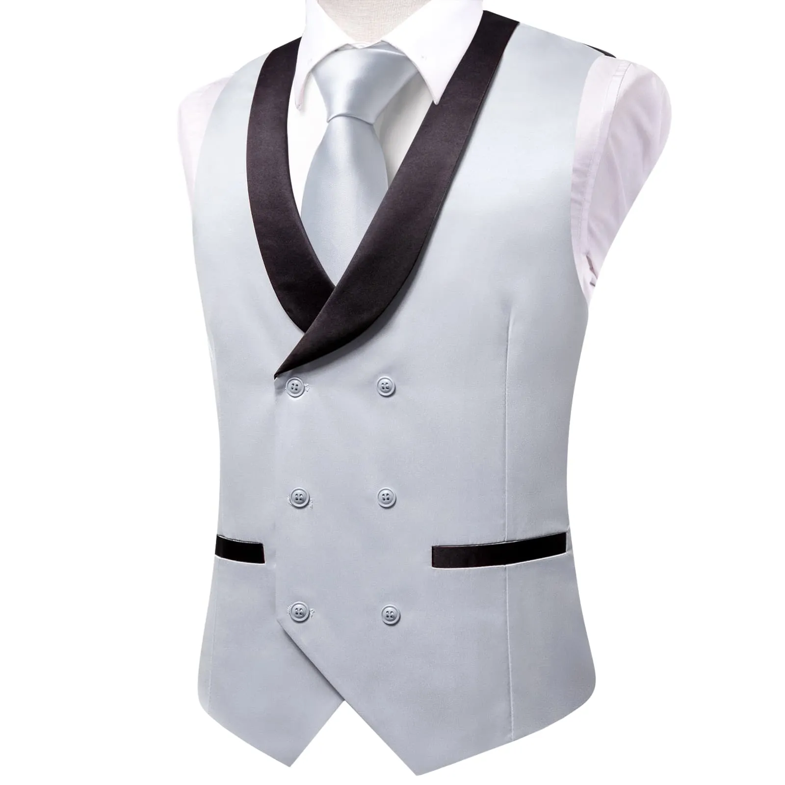 Hi-Tie Lavender Gray Double Breasted Black Shawl Lapel Vest for Men