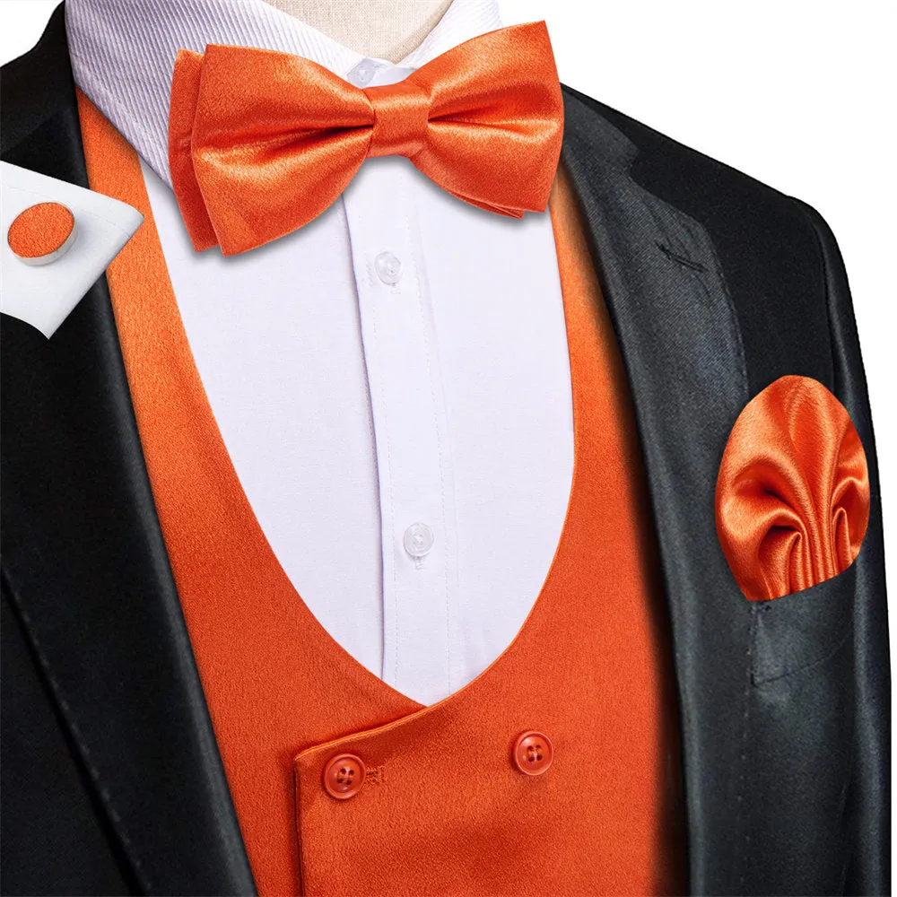 Hi-Tie Light Orange Solid U-Neck Double-Breasted Vest Set