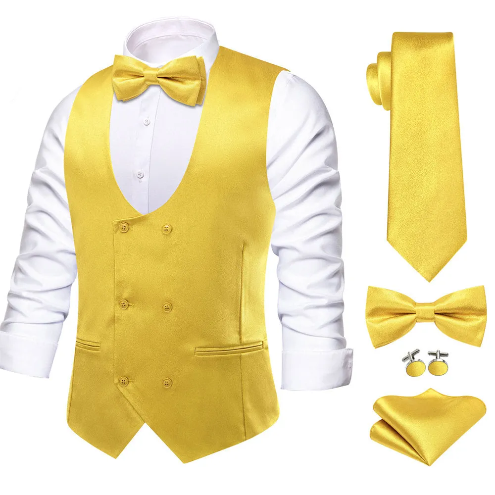 Hi-Tie Orange Yellow Solid U-Neck Double-Breasted Vest Set