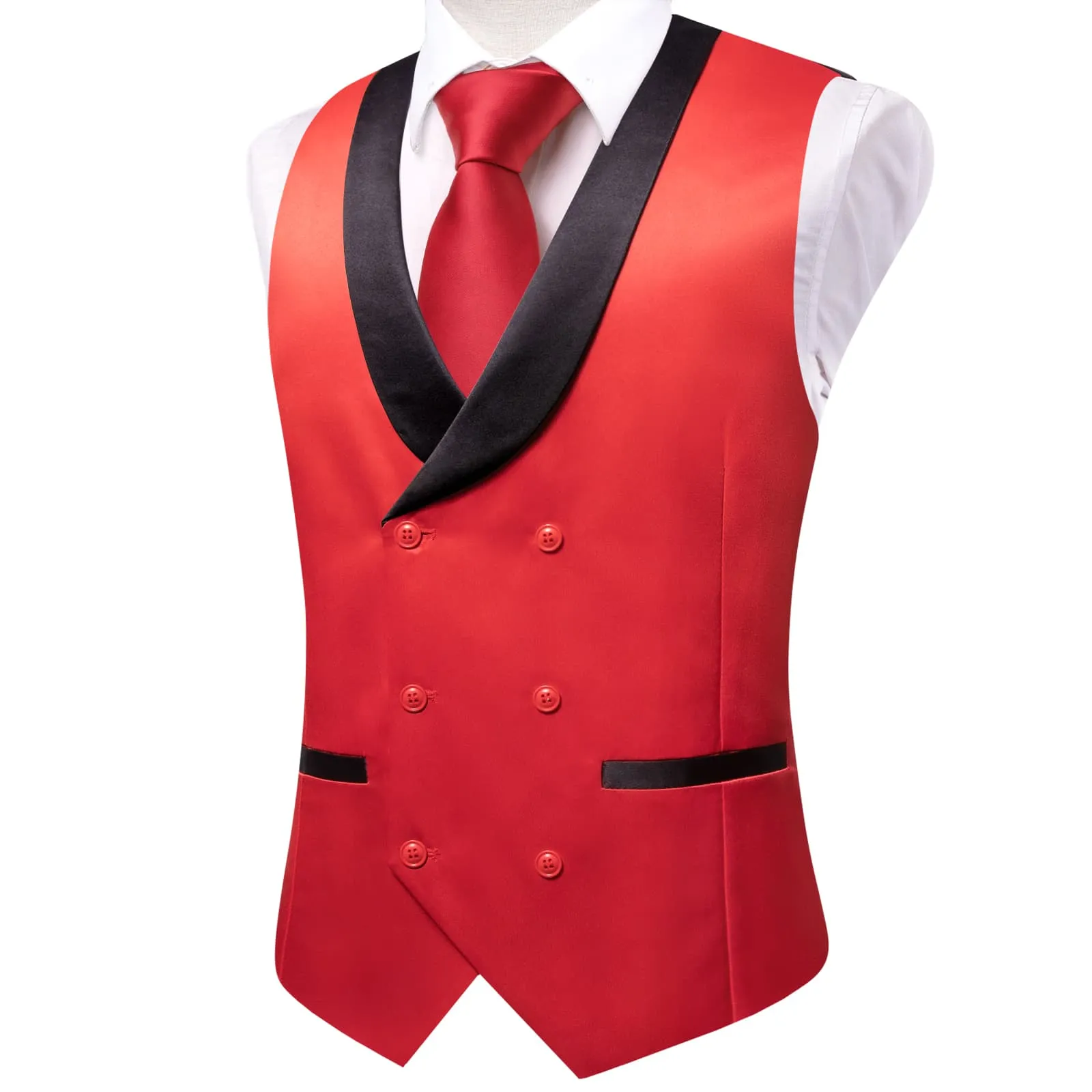 Hi-Tie Persian Red Double Breasted Waistcoat Black Shawl Lapel Vest