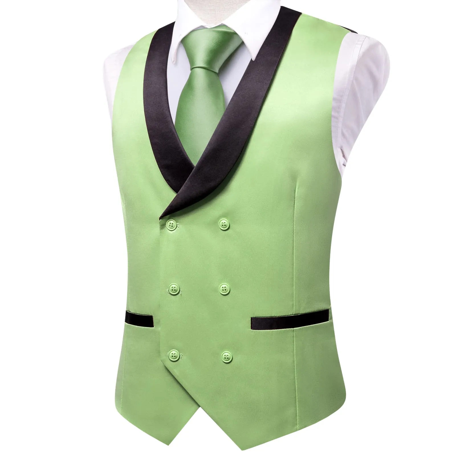 Hi-Tie Pistachio Green Double Breasted Black Shawl Lapel Wedding Vest