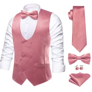 Hi-Tie Rubby Pink Solid U-Neck Double-Breasted Vest Set