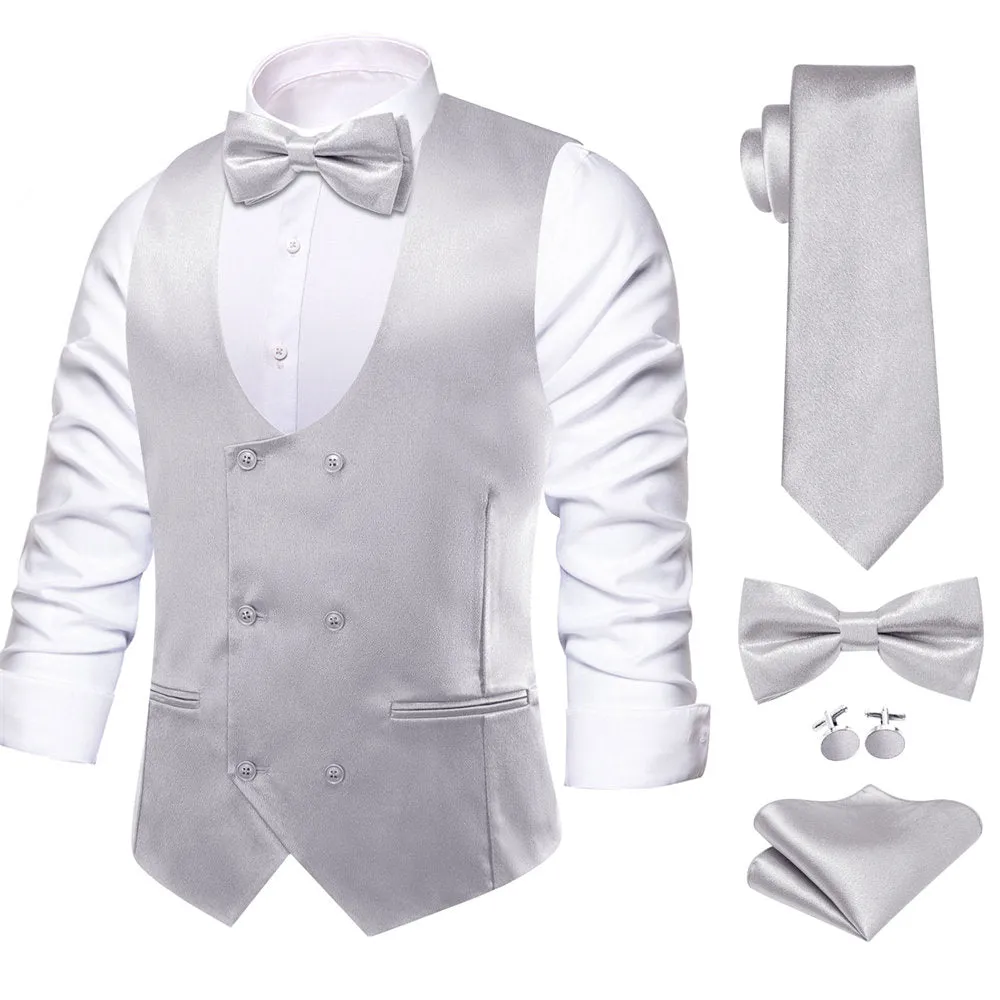 Hi-Tie Silver Solid U-Neck Double-Breasted Vest Tie Set