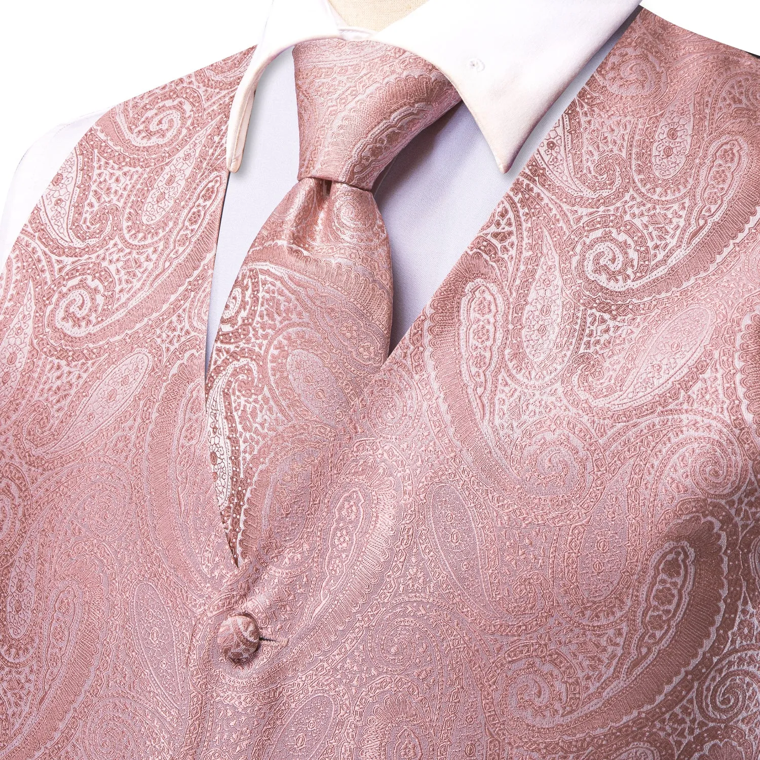 Hi-Tie Waistcoat Pink Paisley Silk Men's Vest Hanky Cufflinks Tie Set