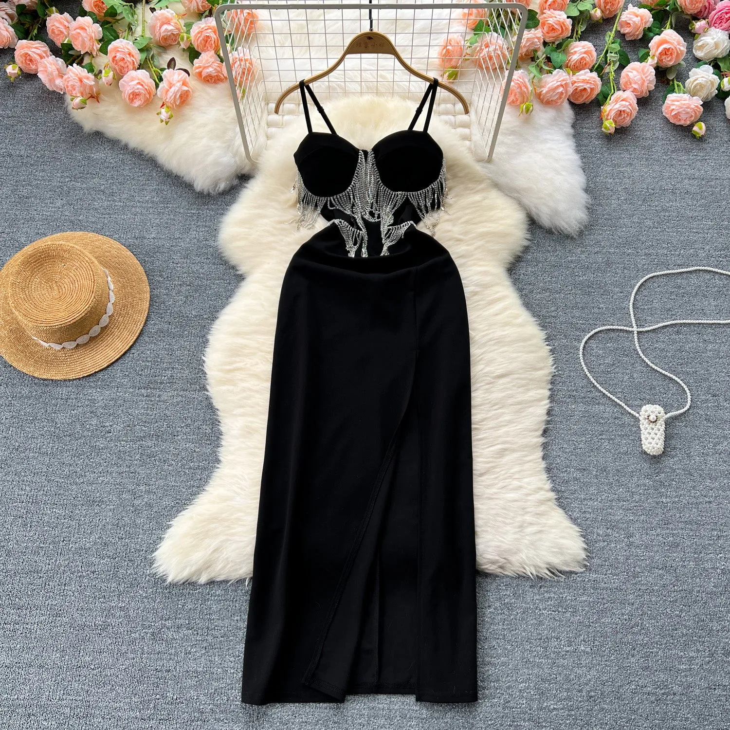 High-end Fringed Black Slip Dress