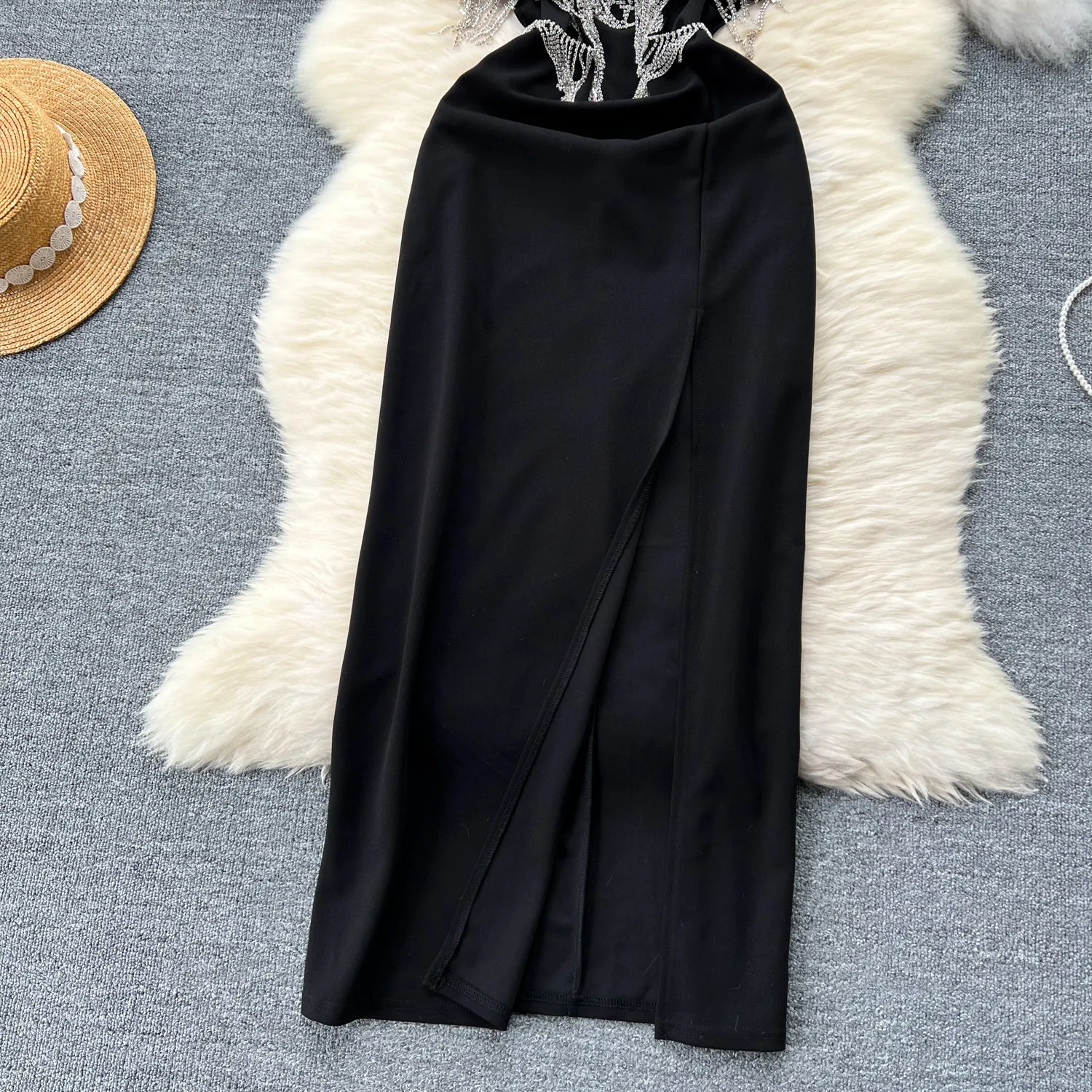 High-end Fringed Black Slip Dress