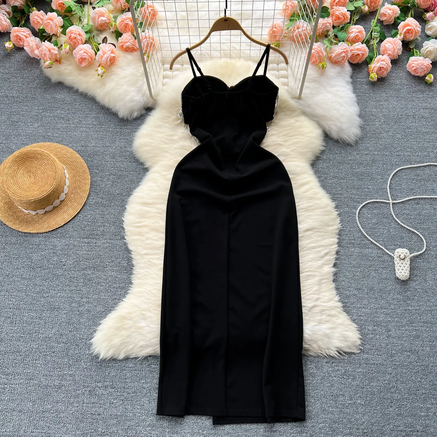 High-end Fringed Black Slip Dress