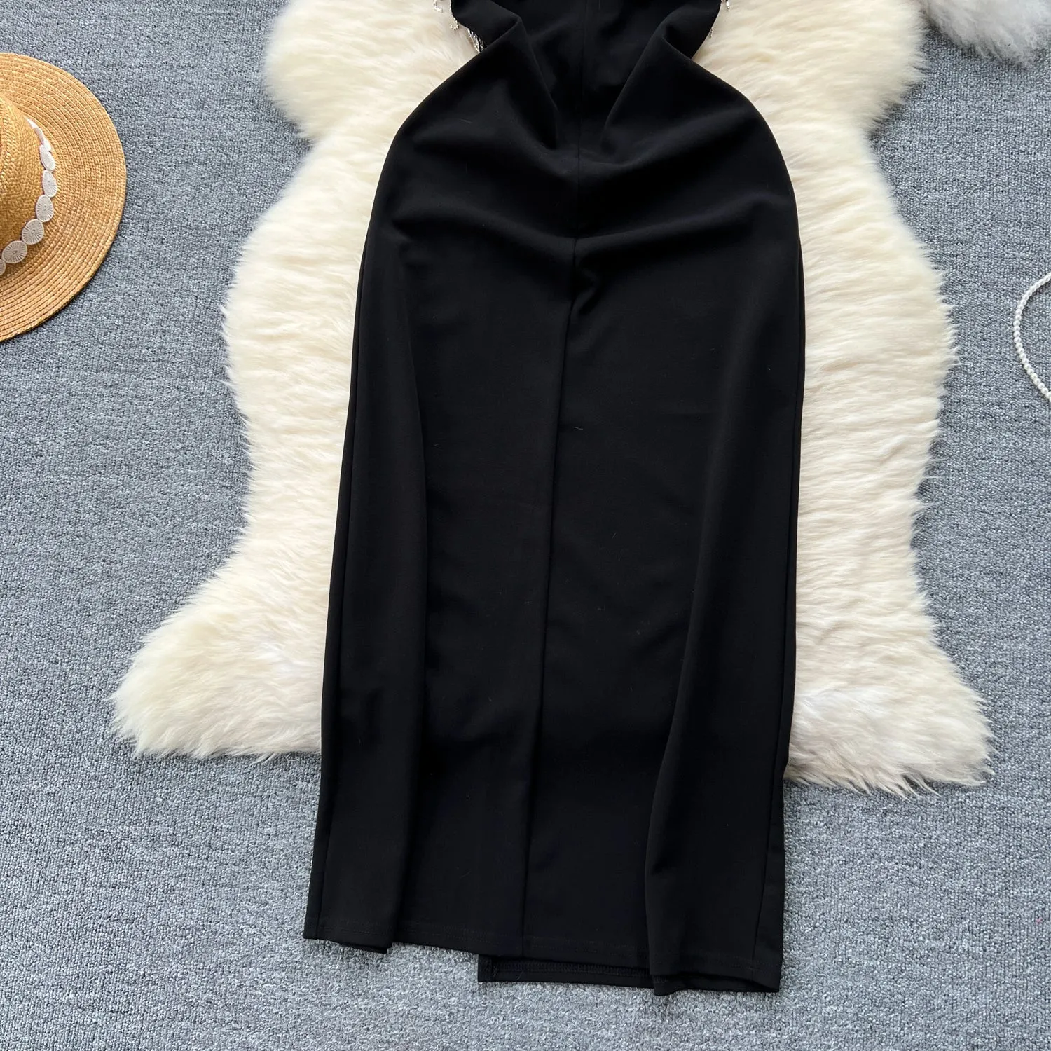 High-end Fringed Black Slip Dress