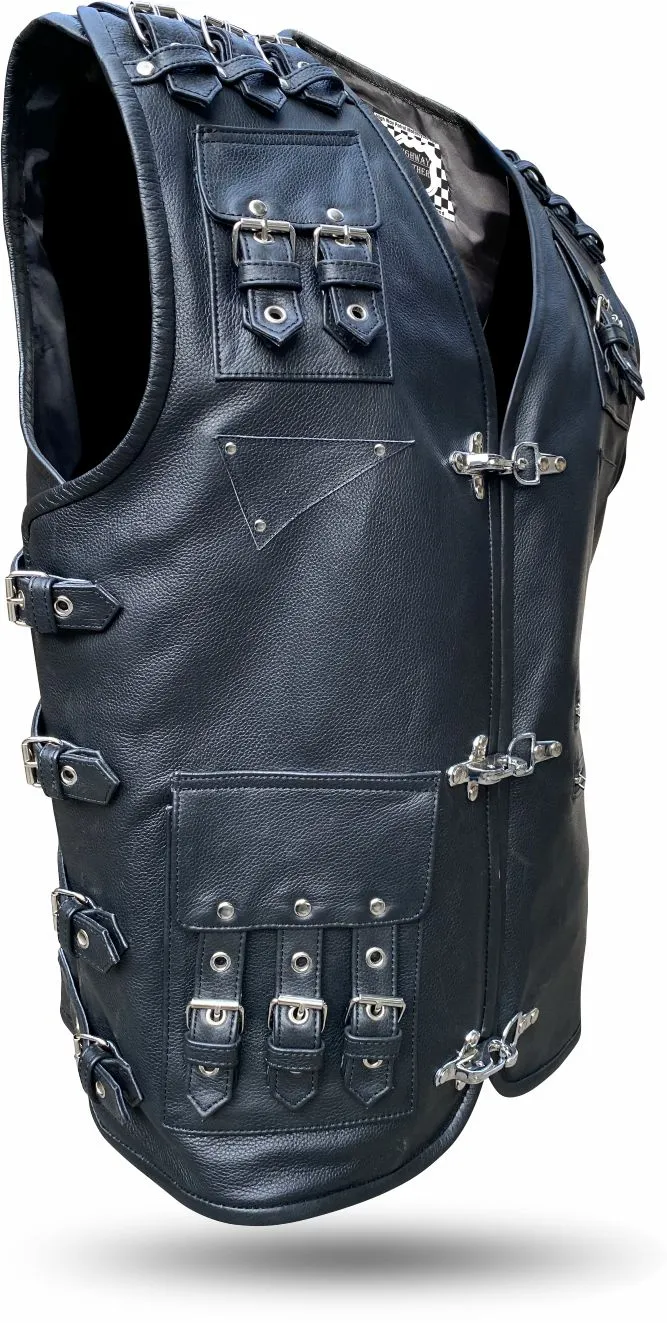 HL11654BLACK Heavy Metal Rocker Biker Waistcoat Motorcycle Leather Vest