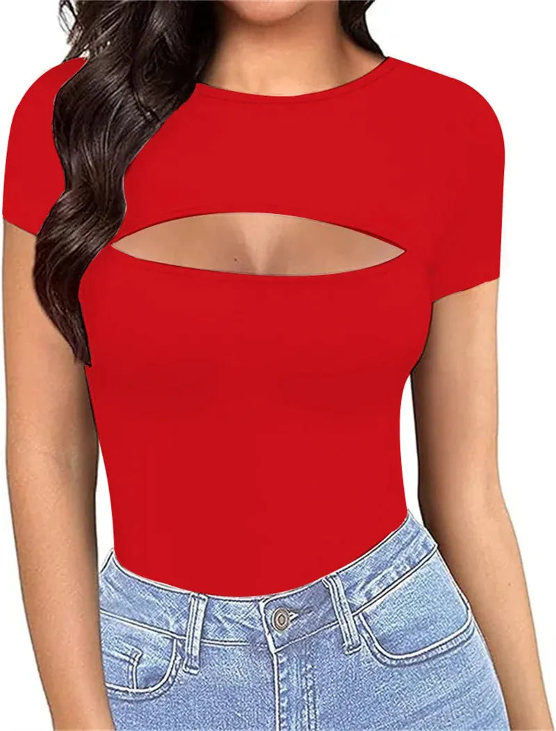 Hollow Out Solid Bodysuits O-Neck Women Sexy T-Shirts Fashion Slim Tops Short Sleeve Female Spring Summer Casual  Clothes