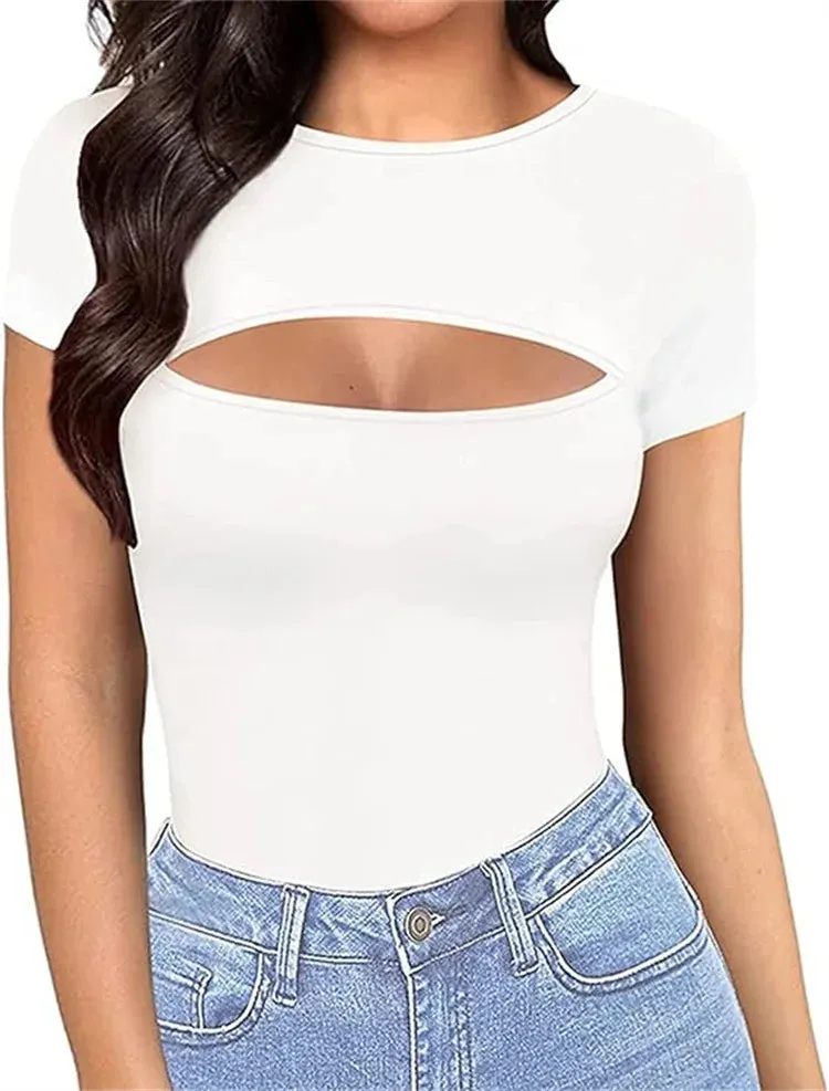 Hollow Out Solid Bodysuits O-Neck Women Sexy T-Shirts Fashion Slim Tops Short Sleeve Female Spring Summer Casual  Clothes