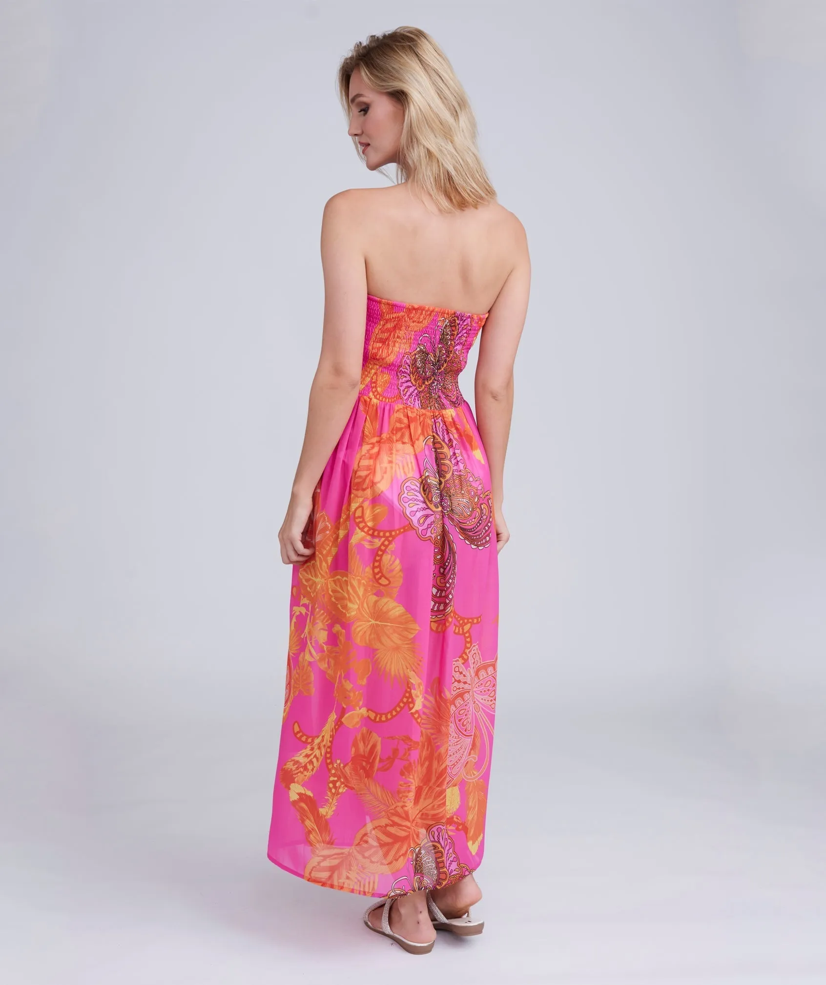 Hot Pink Butterfly Print Strapless Maxi Dress