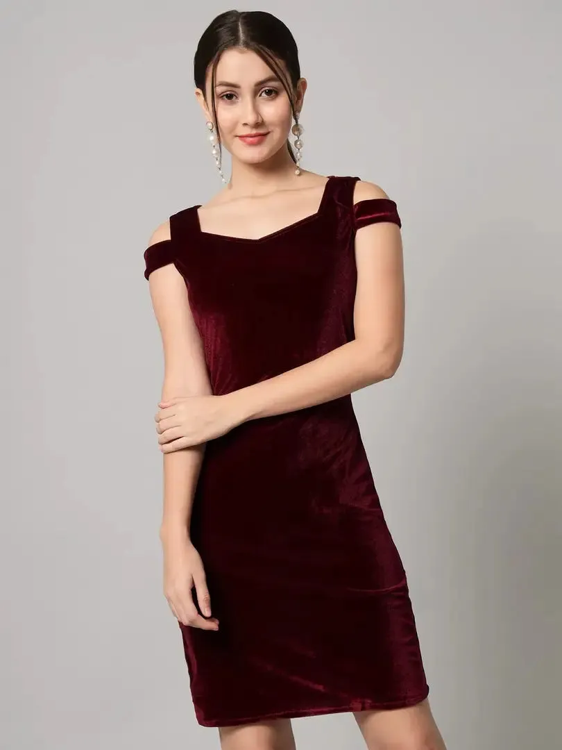 INFITROB Women Solid Stretchable Bodycon Velvet Dress