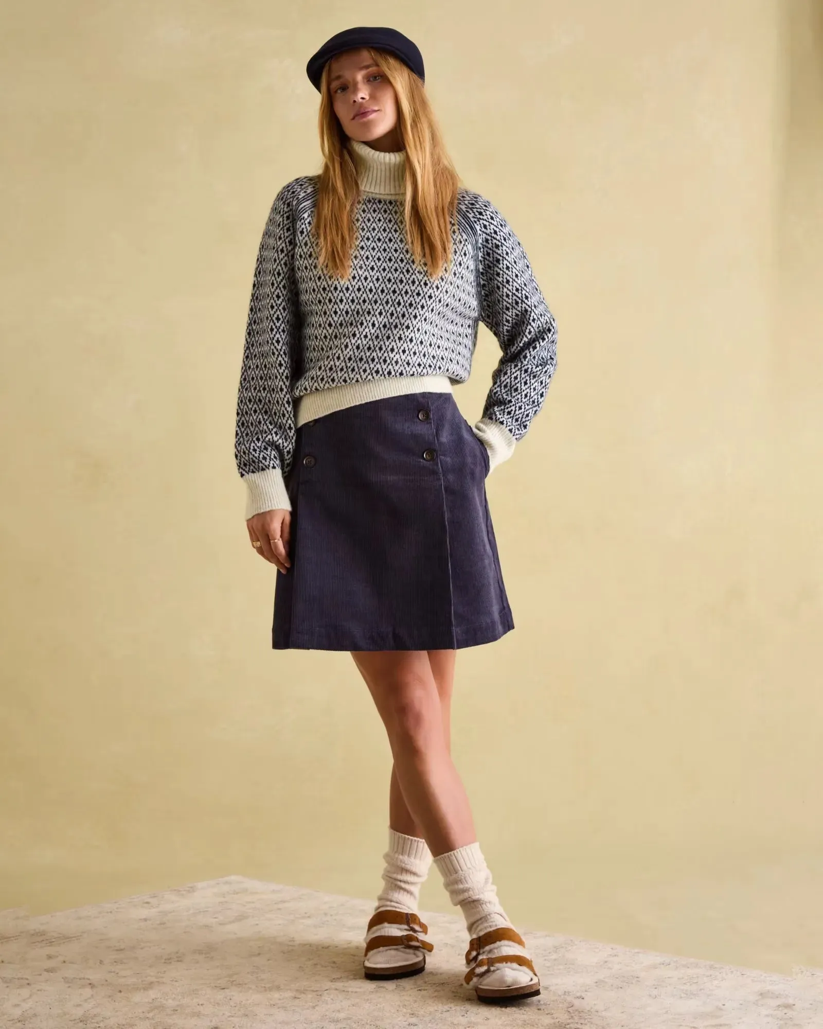 Ingrid Cream/Navy Patterned Jumper with Detachable Roll