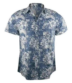 Islandhaze Sportswear Hibiscus Flower Printed Casual Hawaiian Mens Blue Shirt