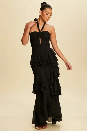 Jayla Twisted Ruffle Ariella Wine Maxi Dress - Black