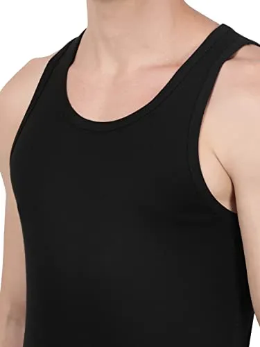 Jockey FP04 Men's Super Combed Cotton Rib Round Neck Sleeveless Vest with Extended Length for Easy Tuck_Black & Neon Blue_M