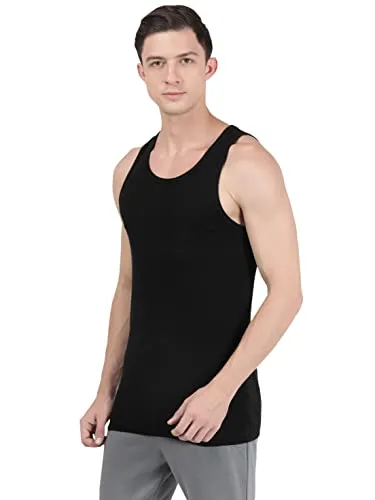 Jockey FP04 Men's Super Combed Cotton Rib Round Neck Sleeveless Vest with Extended Length for Easy Tuck_Black & Neon Blue_M