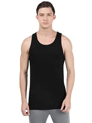 Jockey FP04 Men's Super Combed Cotton Rib Round Neck Sleeveless Vest with Extended Length for Easy Tuck_Black & Neon Blue_M