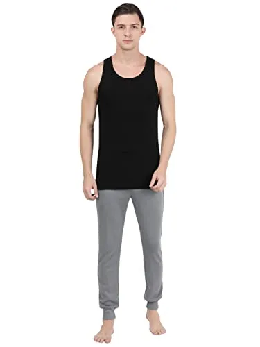 Jockey FP04 Men's Super Combed Cotton Rib Round Neck Sleeveless Vest with Extended Length for Easy Tuck_Black & Neon Blue_M