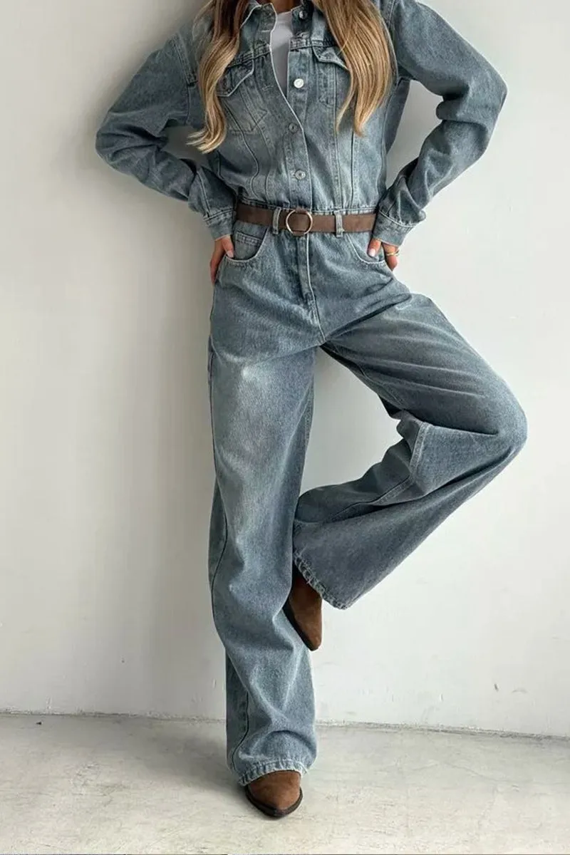 JS3414 Denim Long Sleeve Jumpsuits