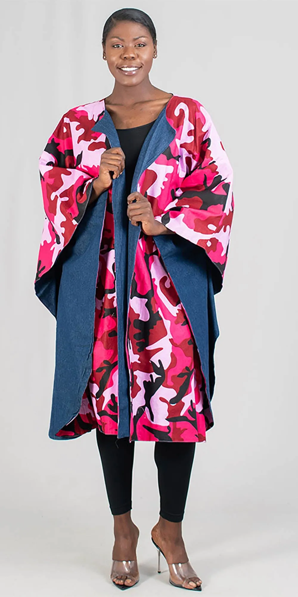 KaraChic 7021-PinkCamo - Womens Bold Print Poncho Duster With Denim Lining