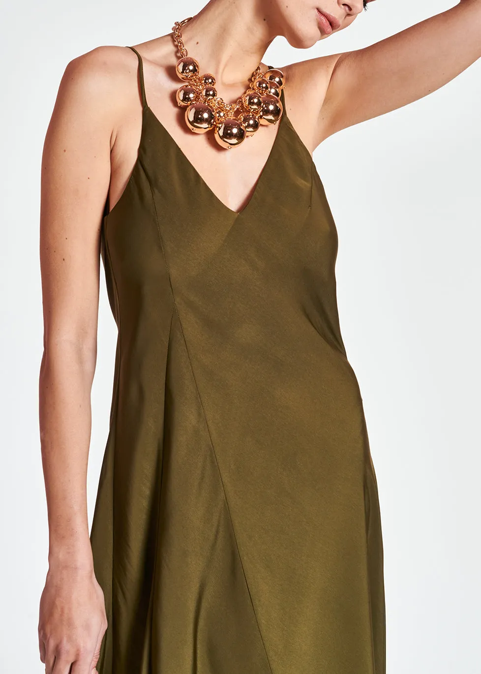 Khaki green maxi-length slip dress