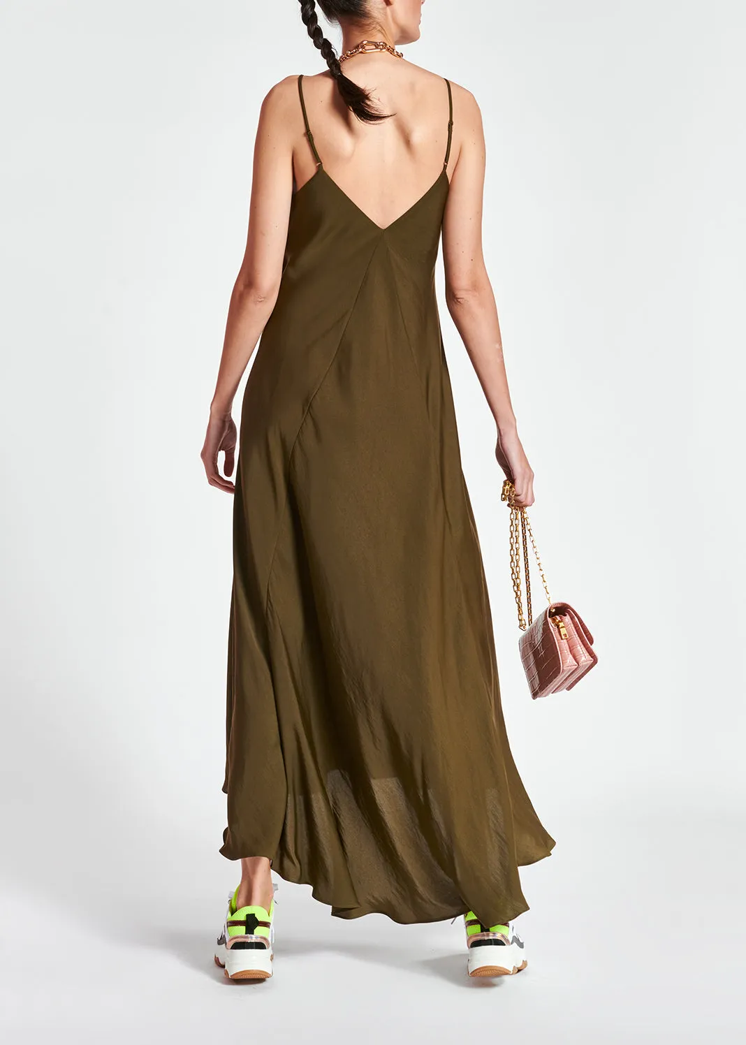 Khaki green maxi-length slip dress