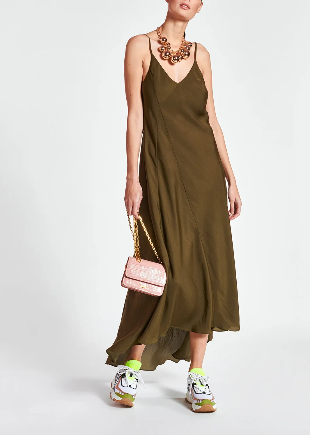 Khaki green maxi-length slip dress