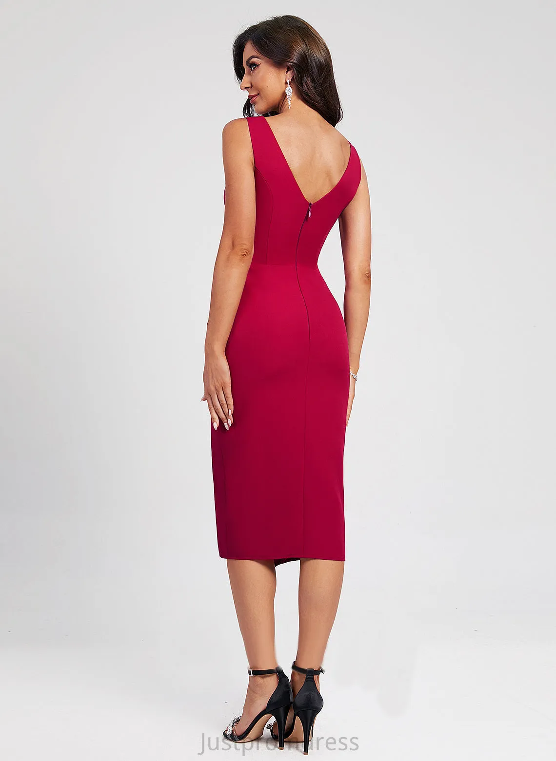 Knee-Length Crepe Split Ruffle Bodycon Front Cocktail Dress V-neck With Yesenia Club Dresses Stretch